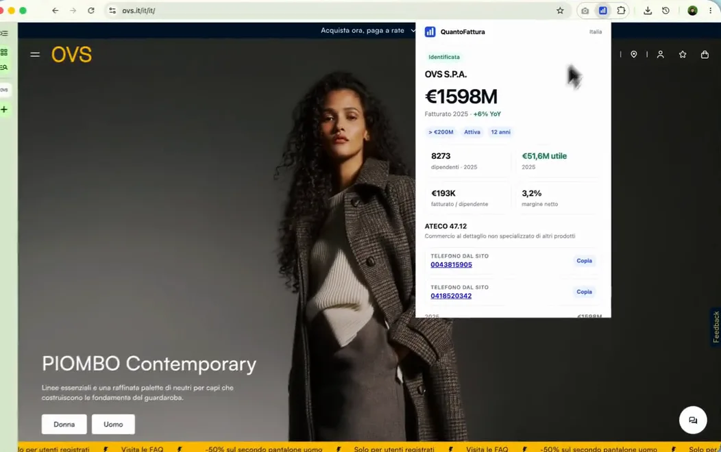 QuantoFattura shows the revenue and company-registry data of the business behind a website